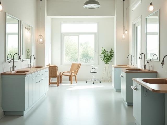 Clean and inviting Fuzzfolk grooming salon interior with grooming stations and natural light.