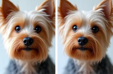 Yorkshire Terrier before face trim with hair covering eyes and after with a bright, clear facial expression.